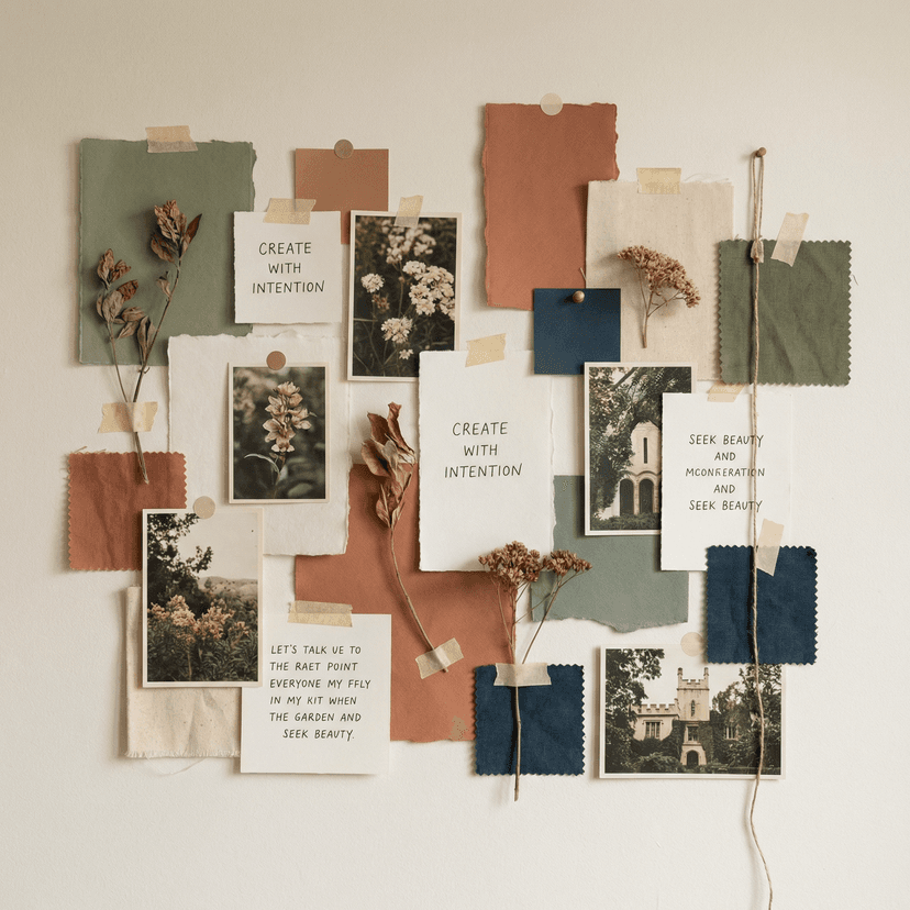 Creative moodboard collage with curated images and textures, cohesive color palette and visual theme, artistic arrangement with balanced composition, mixed media elements and typography, inspirational aesthetic with harmonious flow