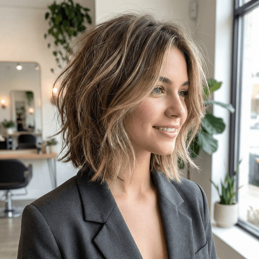 Professional hairstyle portrait, trendy modern haircut, salon-quality styling, natural lighting, detailed hair texture and volume, fashion photography