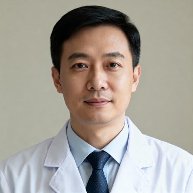 Professional doctor headshot in white coat with trustworthy expression