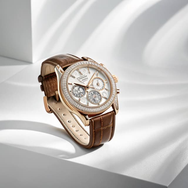 Professional product photo of a luxury watch on white background with soft shadows and dramatic lighting