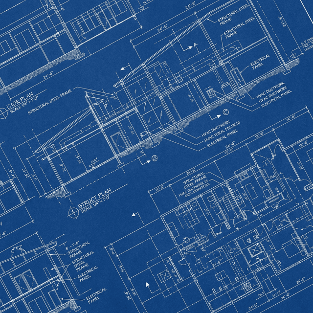 Technical blueprint design, white lines on deep blue background, architectural drawing with measurements and annotations, engineering schematic style, precise technical illustration
