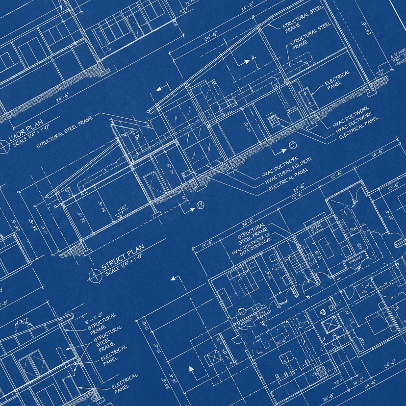 Technical blueprint design, white lines on deep blue background, architectural drawing with measurements and annotations, engineering schematic style, precise technical illustration