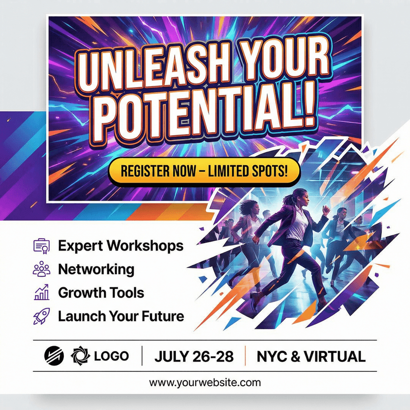 Dynamic flyer design with bold headline and clear call-to-action, vibrant colors with strong visual impact, organized information layout with hierarchy, eye-catching graphics and modern design elements, professional marketing aesthetic