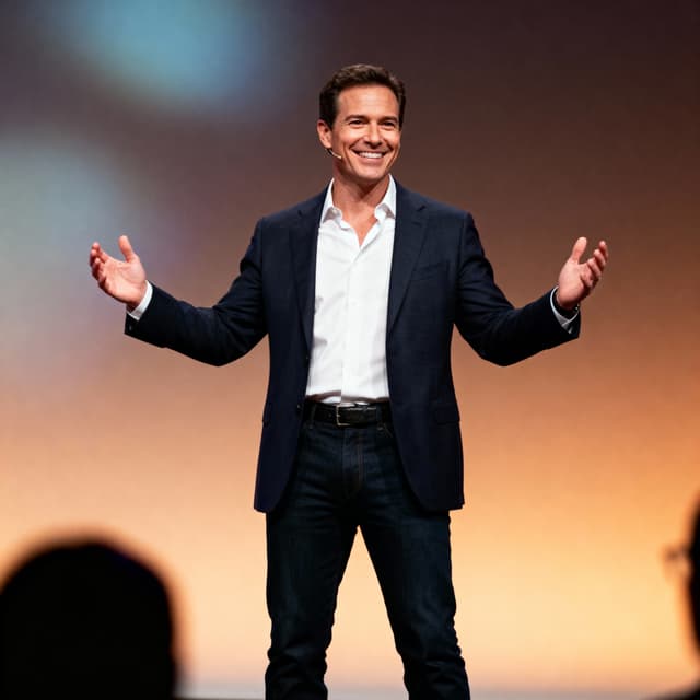 Dynamic speaker photo on stage with confident pose and engaged audience