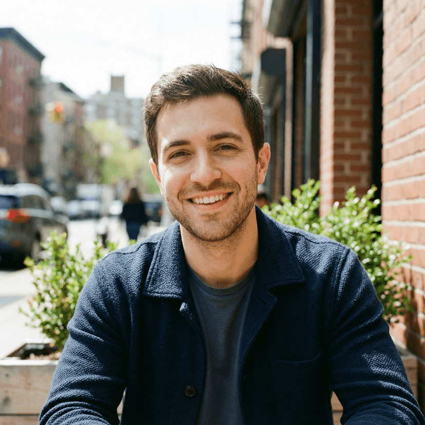 tinder profile photo, person with genuine smile, well-lit outdoor setting with natural background, casual stylish outfit, confident approachable expression, soft natural lighting