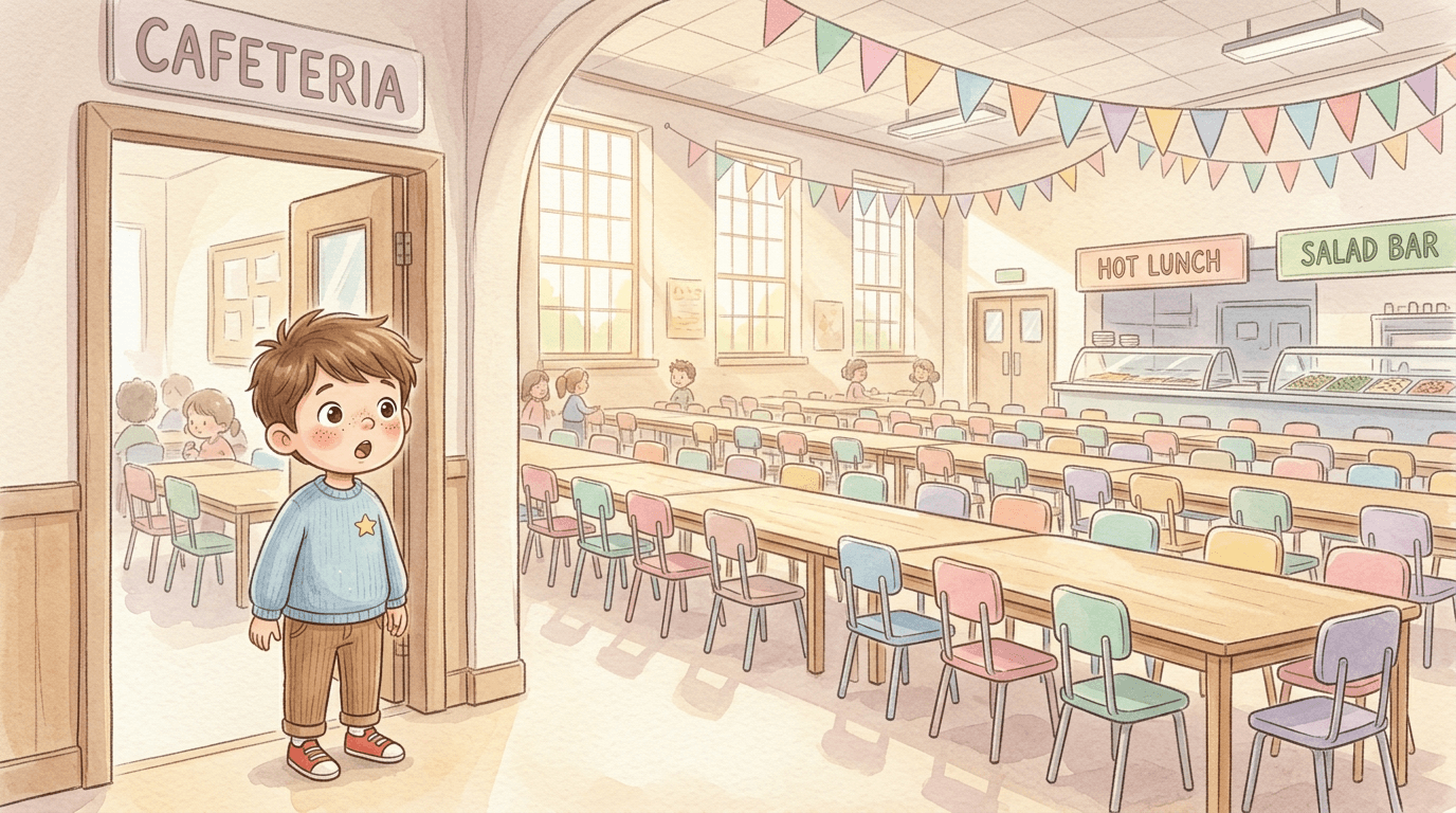 The cafeteria is a very big room with many tables and chairs. It can be a little bit noisy.