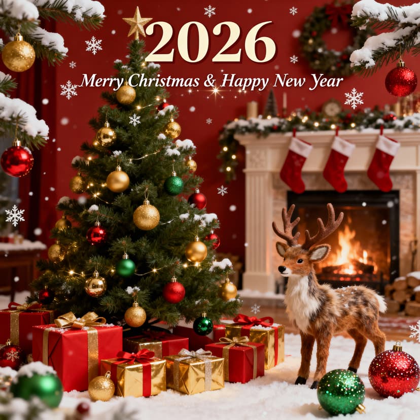 Festive Christmas card design with snow-covered pine trees and twinkling lights