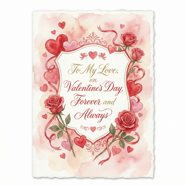 Valentine's Day card design with red and pink hearts, romantic roses, elegant calligraphy text area, soft watercolor background, love theme decorations