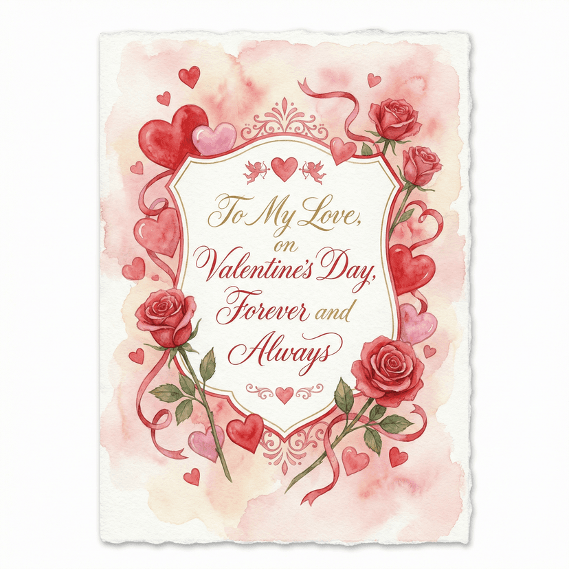 Valentine's Day card design with red and pink hearts, romantic roses, elegant calligraphy text area, soft watercolor background, love theme decorations