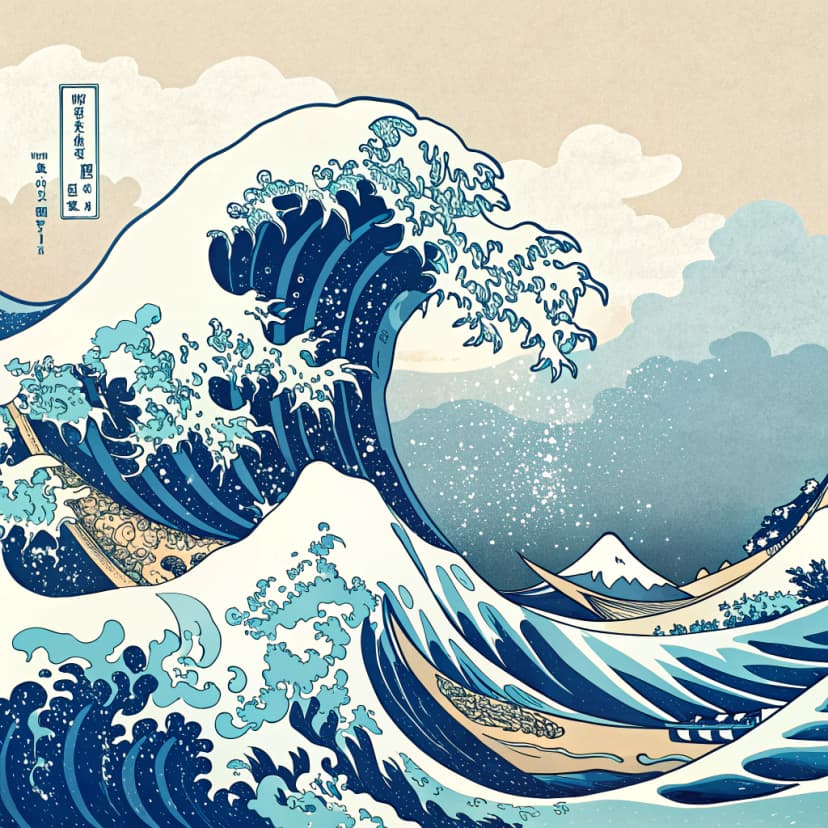 A ukiyo-e style print in Hokusai style with dynamic brushwork and symbolic elements