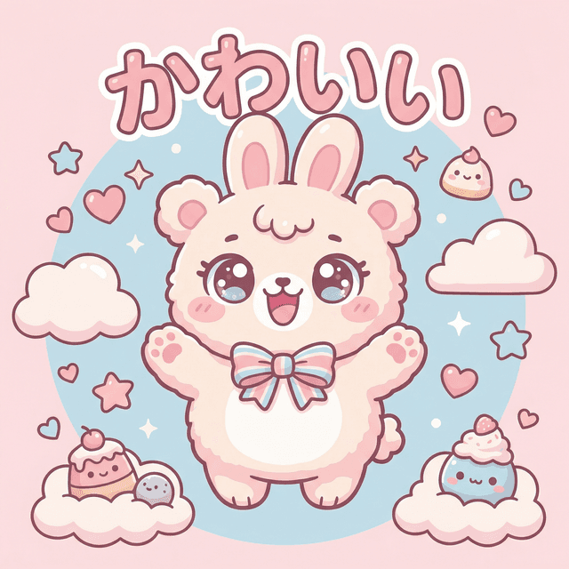 Adorable kawaii style art, super cute character with big sparkly eyes, pastel pink and blue colors, happy smiling face, rounded soft shapes, Japanese cute aesthetic