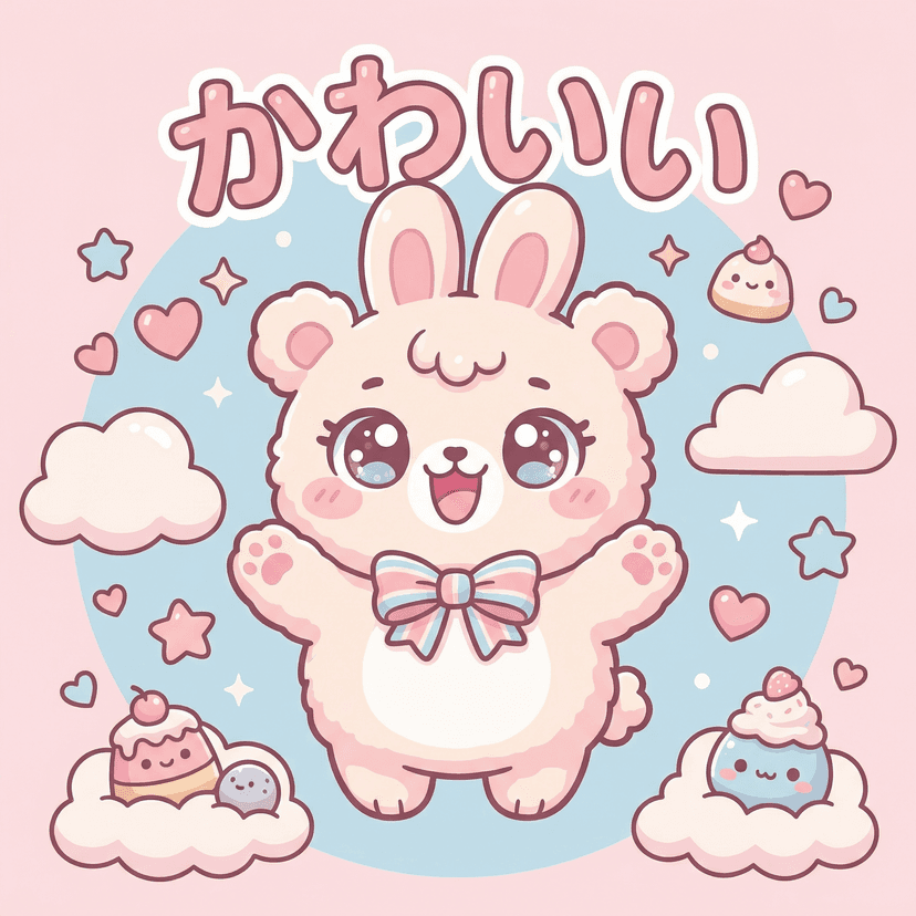 Adorable kawaii style art, super cute character with big sparkly eyes, pastel pink and blue colors, happy smiling face, rounded soft shapes, Japanese cute aesthetic
