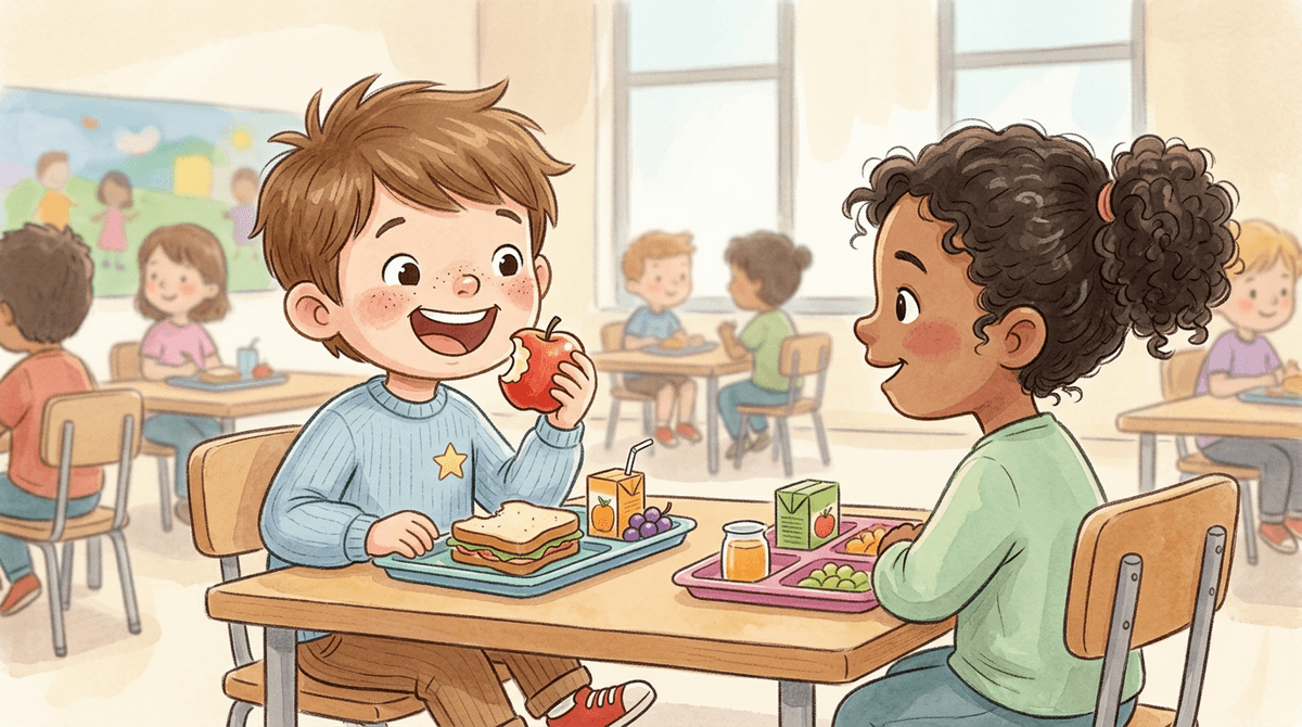 AI-generated illustrated social story example showing a child in a school cafeteria