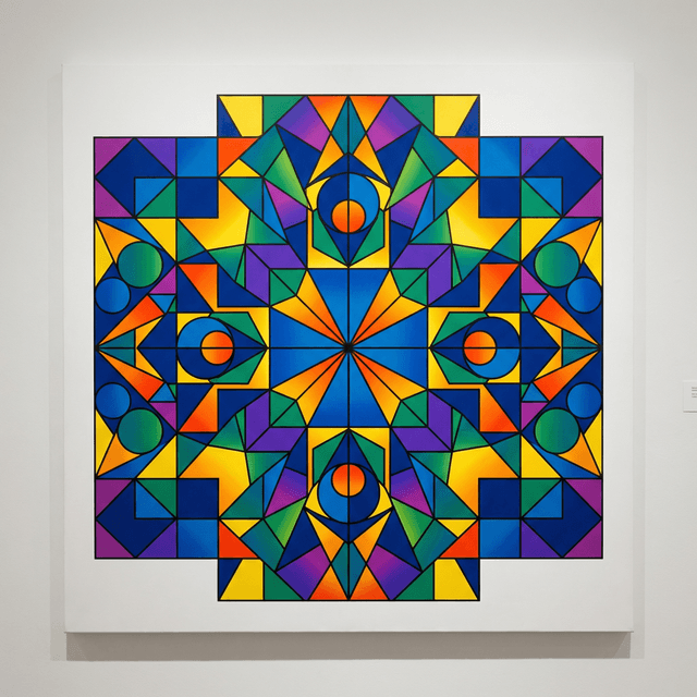 Bold geometric artwork, precise shapes and angles, symmetrical patterns, vibrant color blocks, mathematical precision, modern art style, clean edges
