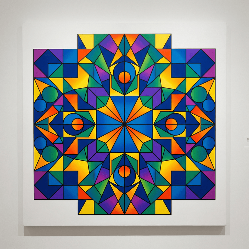 Bold geometric artwork, precise shapes and angles, symmetrical patterns, vibrant color blocks, mathematical precision, modern art style, clean edges
