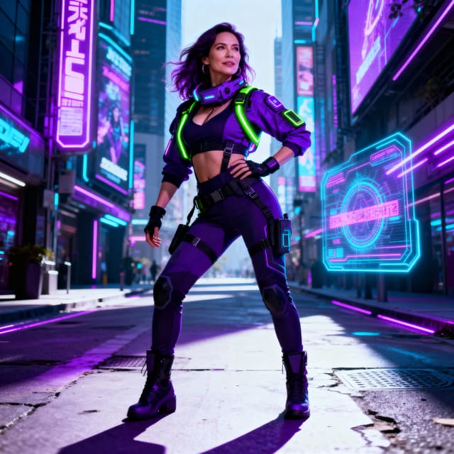 Futuristic cyberpunk aesthetic with neon lights in vibrant pink, blue and purple, dark urban atmosphere with rain-slicked surfaces, high-tech elements mixed with gritty dystopian streets, holographic displays and digital billboards, moody sci-fi setting with dramatic contrasts between bright neon and deep shadows