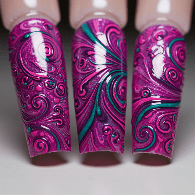 Beautiful nail art design with intricate patterns, vibrant colors, and shiny gloss, set against a neutral background with natural lighting