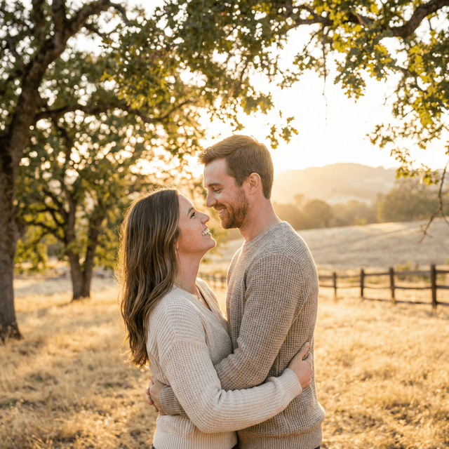 Romantic couple portrait, warm natural lighting, genuine loving expressions, beautiful outdoor setting, professional photography quality, soft bokeh background