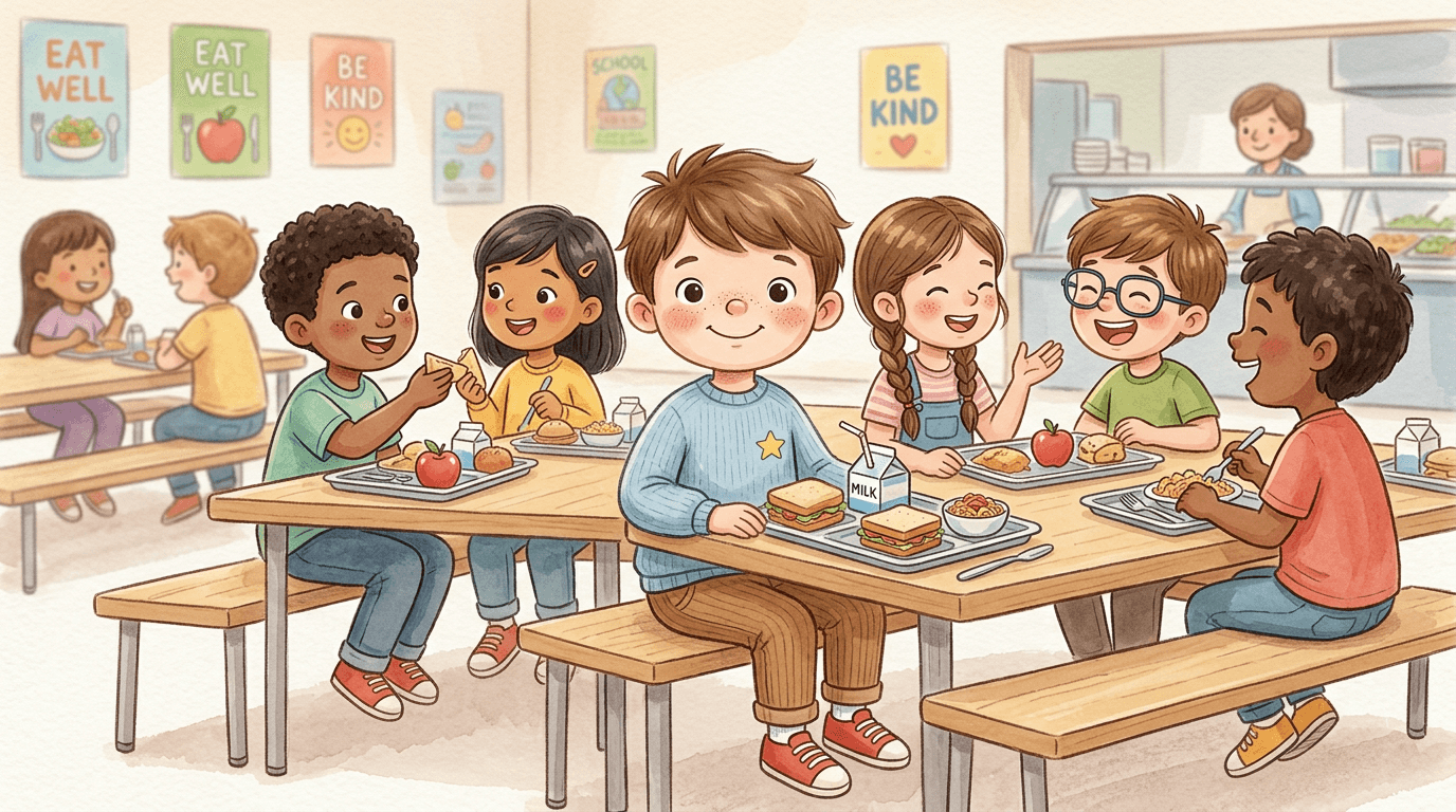 David finds a seat at the table. He sits with his friends and looks at all the yummy food.