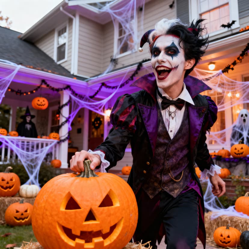 halloween party photo, person wearing creative costume with makeup, decorated house with carved pumpkins and cobwebs, posing with jack-o-lantern, playful spooky expression, orange and purple party lighting