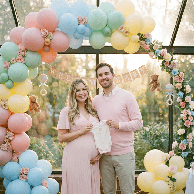 Beautiful baby shower portrait, soft pastel colors, baby-themed decorations, balloons and flowers, gentle warm lighting, sweet celebration atmosphere