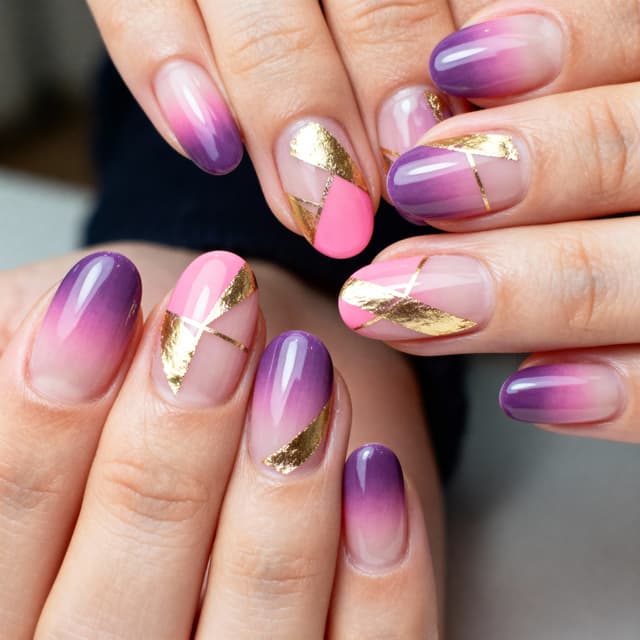 Beautiful nail art design with intricate patterns, vibrant colors, and shiny gloss, set against a neutral background with natural lighting