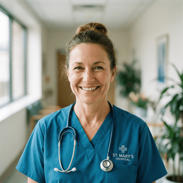 Professional nurse headshot with caring expression in medical scrubs
