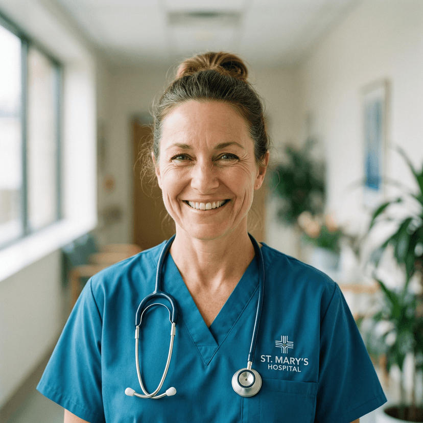 Professional nurse headshot with caring expression in medical scrubs