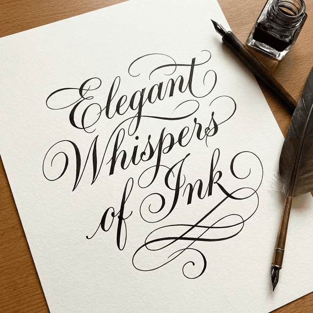 Beautiful calligraphy lettering, elegant flowing script, black ink on white paper, ornate flourishes and swashes, professional hand-lettering style, decorative typography art