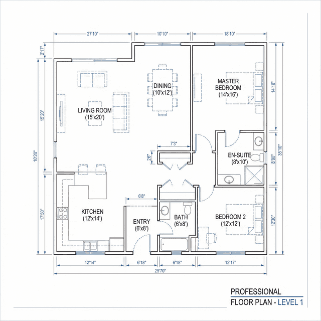 Professional floor plan layout, architectural drawing, clean lines, labeled rooms, measurements, top-down view, minimalist design, black and white with blue accents