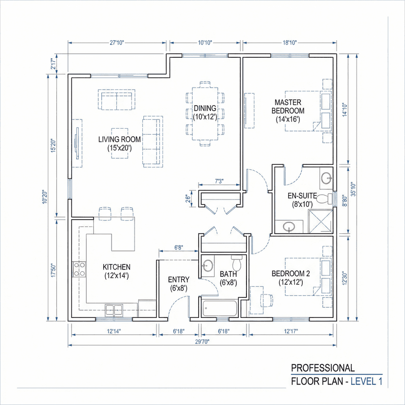 Professional floor plan layout, architectural drawing, clean lines, labeled rooms, measurements, top-down view, minimalist design, black and white with blue accents