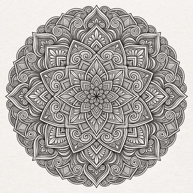 Intricate mandala design, symmetrical circular pattern, detailed geometric and floral elements, black ink on white background, meditative art, precise linework