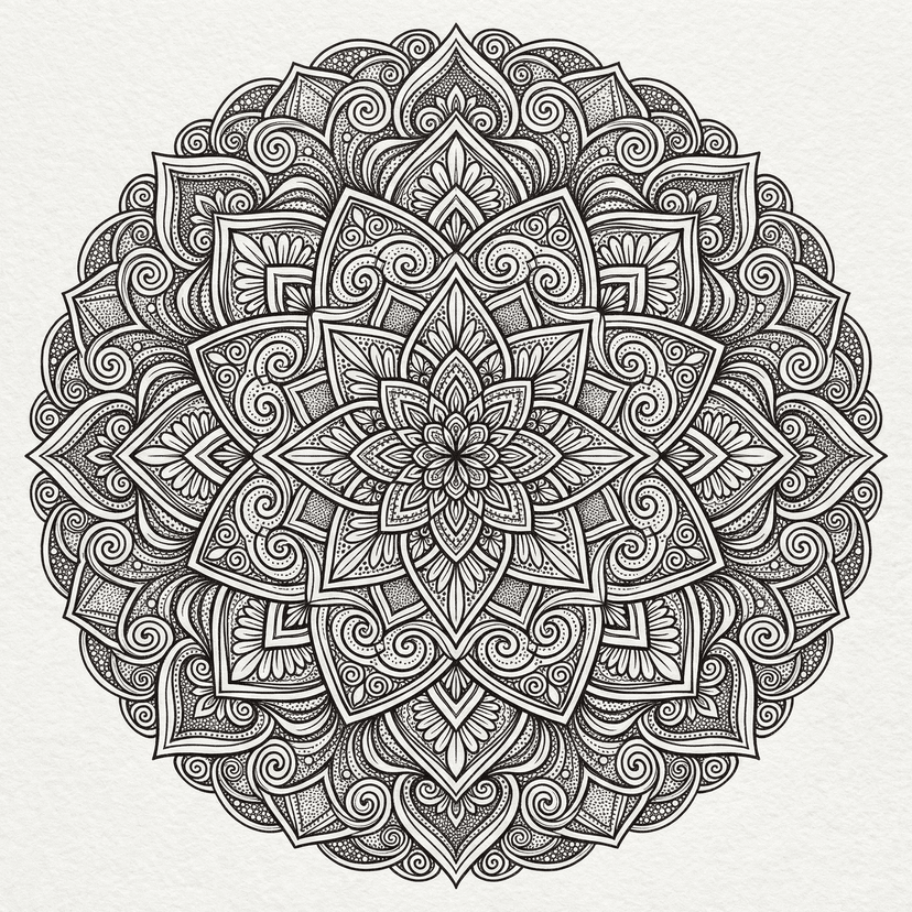 Intricate mandala design, symmetrical circular pattern, detailed geometric and floral elements, black ink on white background, meditative art, precise linework