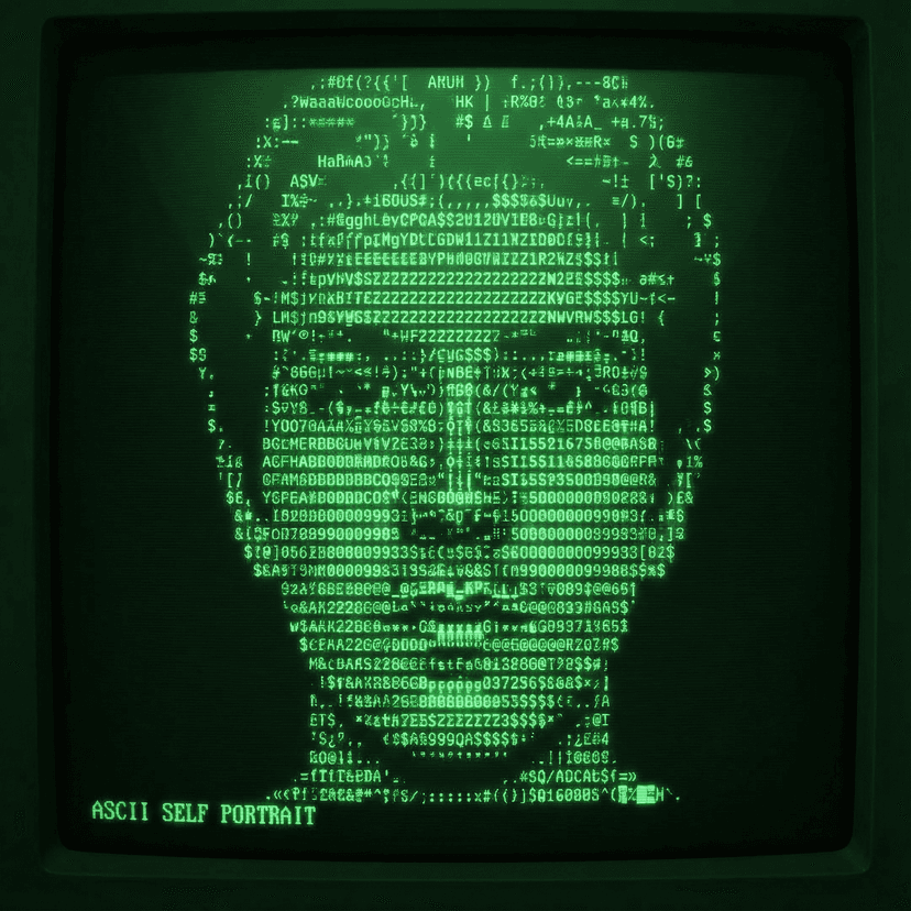 ASCII art style image, monochrome text characters forming detailed picture, retro computer terminal aesthetic, dot matrix pattern, black background with white/gray characters, detailed shading using various symbols and letters, vintage digital art