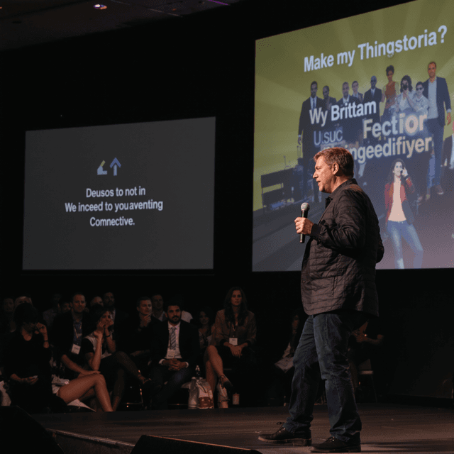 Dynamic speaker photo on stage with confident pose and engaged audience