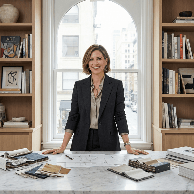 Interior designer headshot with sophisticated style in elegant design setting