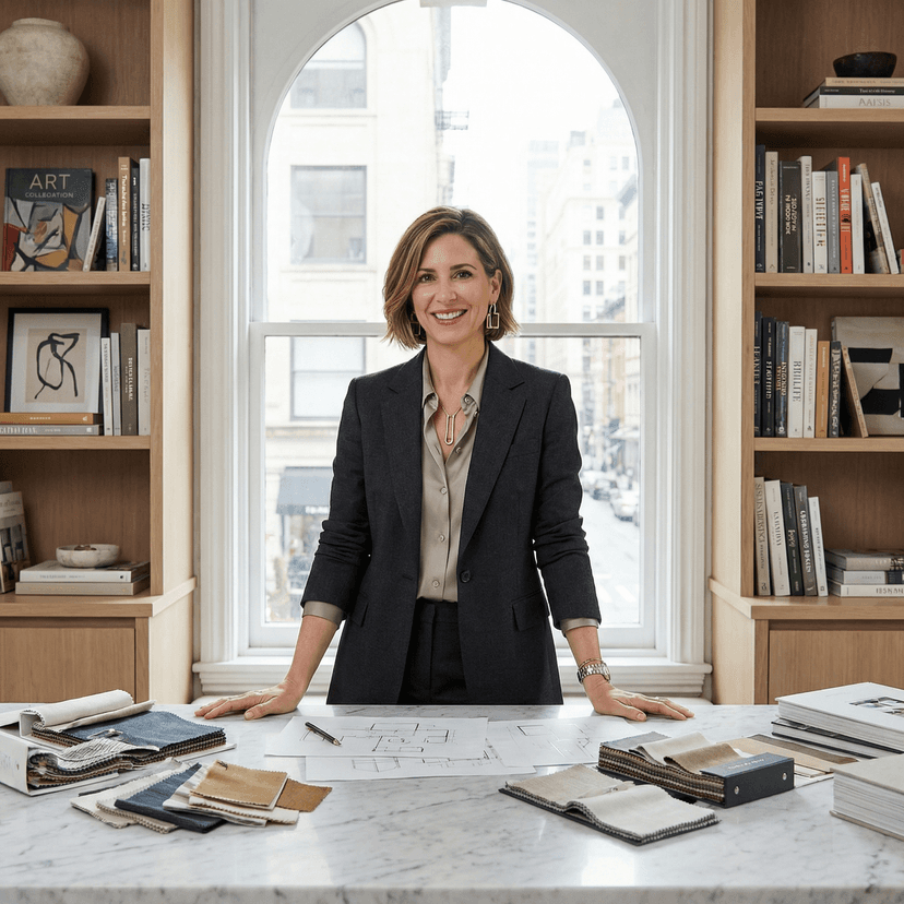 Interior designer headshot with sophisticated style in elegant design setting