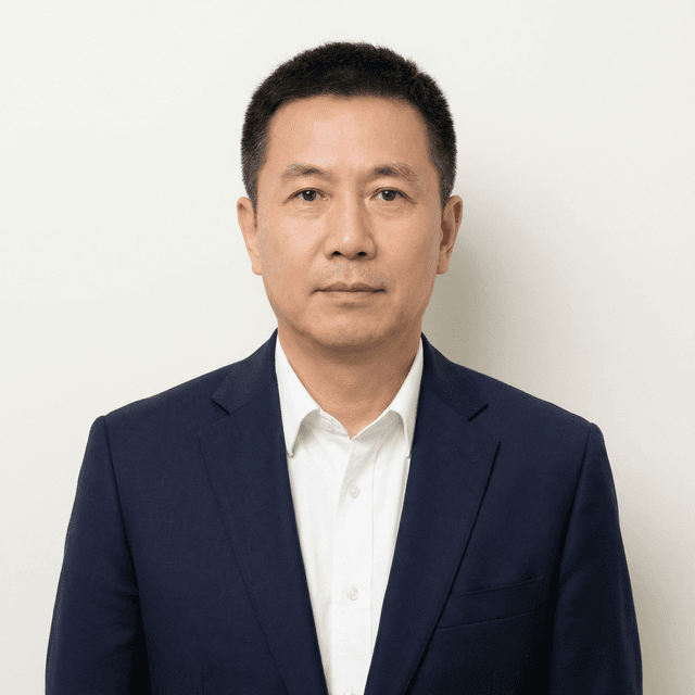 Professional ID photo, clean solid background, neutral expression, even lighting, head and shoulders framing, formal attire, sharp focus, identification photo standard