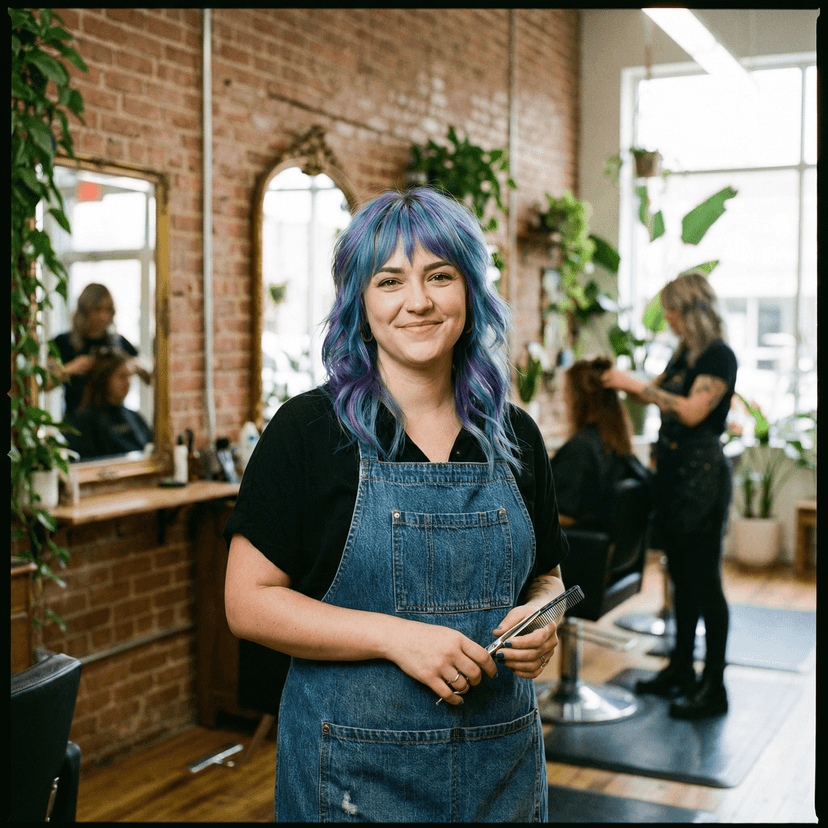 Hair stylist headshot with creative style and professional salon appearance