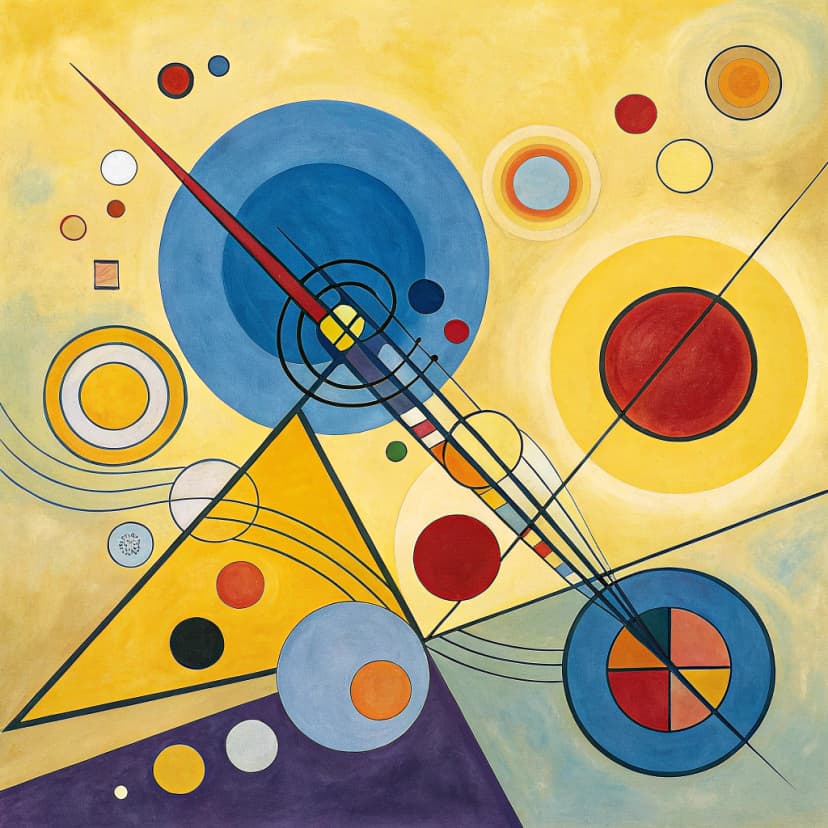 An abstract expressionist painting in Kandinsky style with vibrant colors and geometric forms