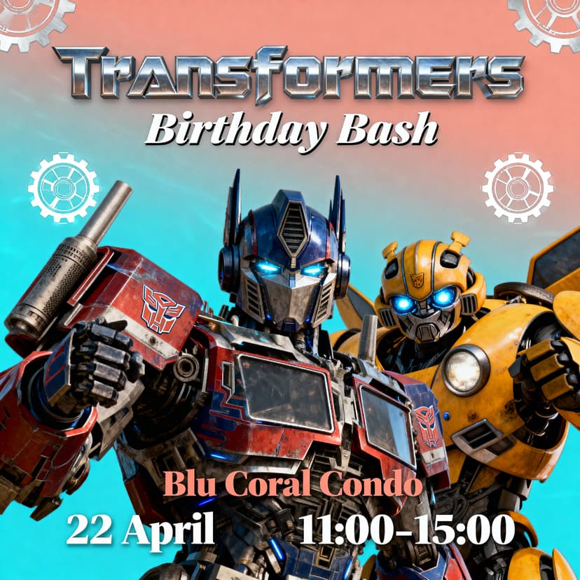 invitation to birthday party, transformers theme, Blu Coral Condo, 22 Arpil. 11:00-15:00