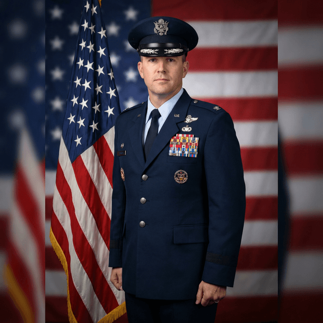 Professional military portrait, dignified uniform, formal pose, American flag backdrop, patriotic atmosphere, respectful and honorable, sharp focus, official portrait style