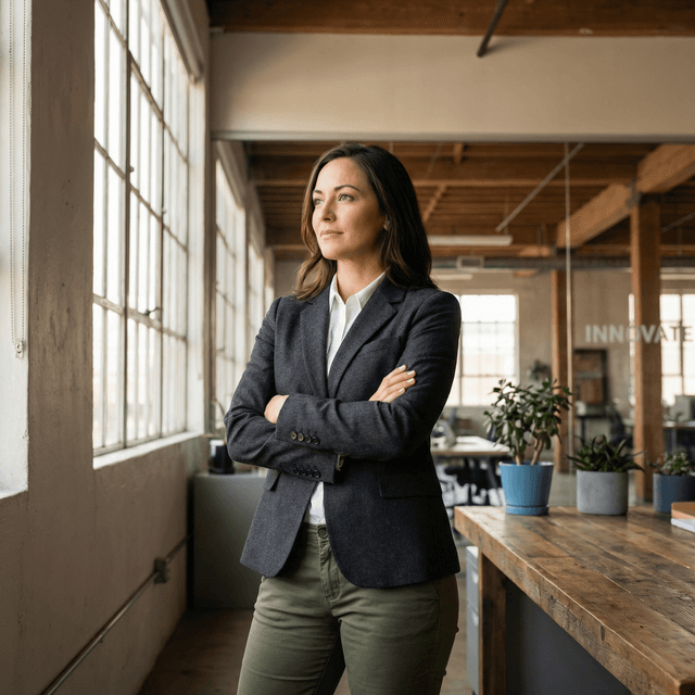 professional entrepreneur photo, person in business casual attire, modern office or co-working space, confident stance with arms crossed or thoughtful pose, determined focused expression, natural window lighting