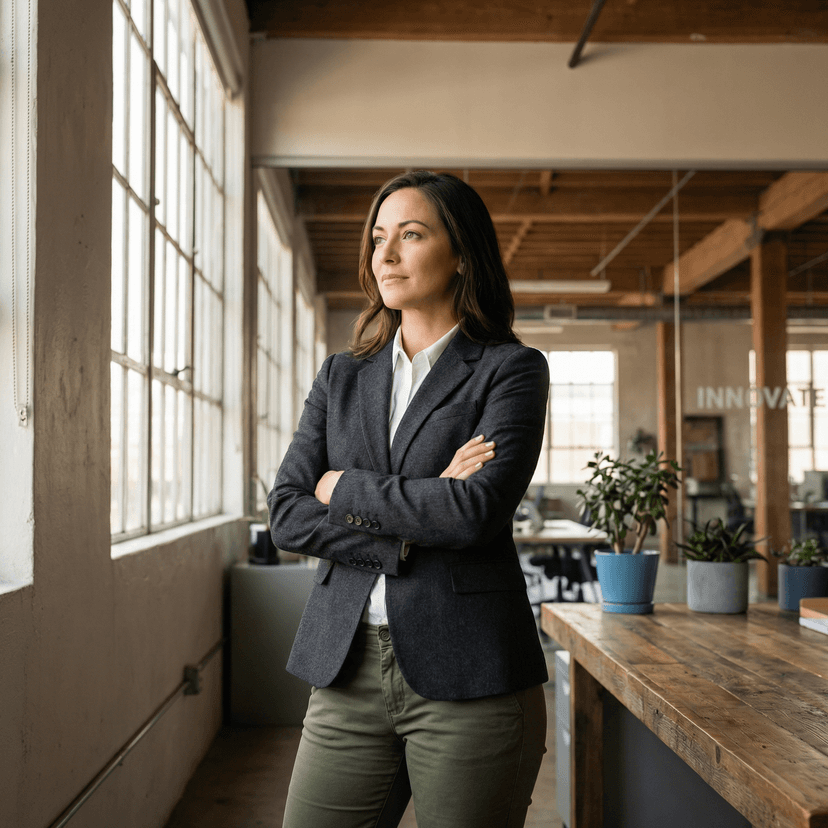 professional entrepreneur photo, person in business casual attire, modern office or co-working space, confident stance with arms crossed or thoughtful pose, determined focused expression, natural window lighting