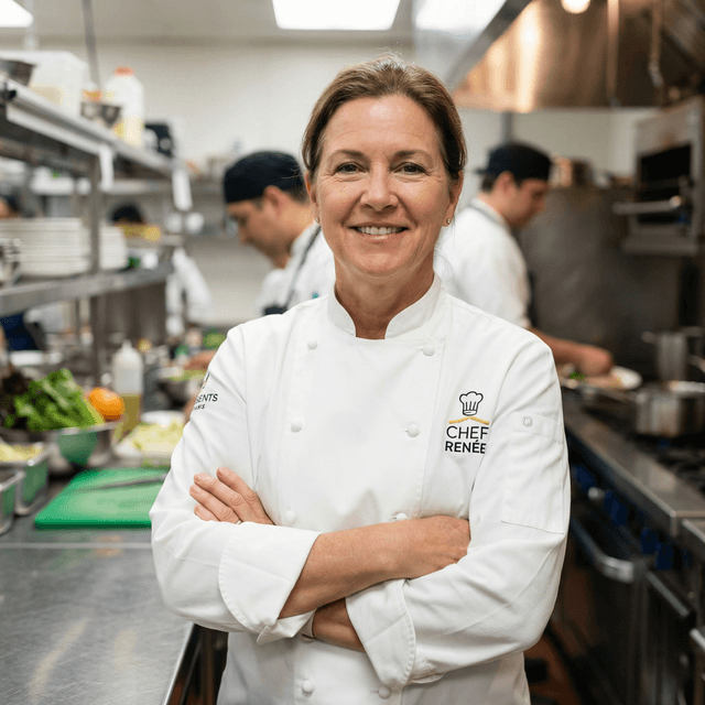 Professional chef headshot in chef whites with confident culinary expertise