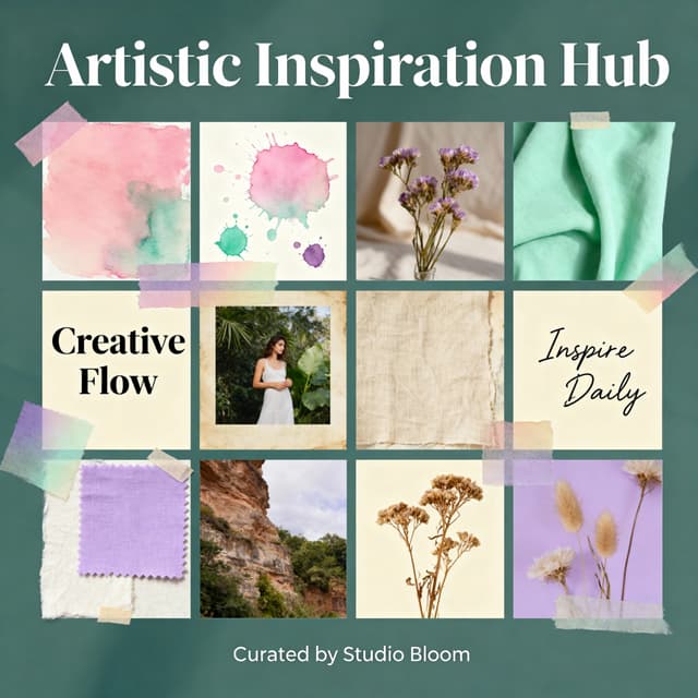 Creative moodboard collage with curated images and textures, cohesive color palette and visual theme, artistic arrangement with balanced composition, mixed media elements and typography, inspirational aesthetic with harmonious flow