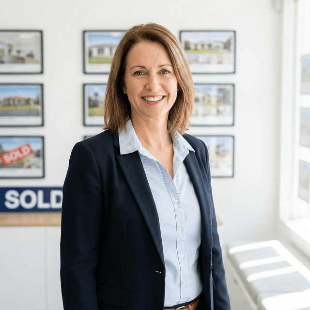 Real estate agent headshot with professional, approachable demeanor