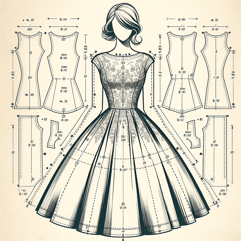 Technical sewing pattern with precise measurements and construction lines, dressmaker template with pattern pieces and assembly instructions, professional fashion pattern layout suitable for garment manufacturing and DIY sewing projects