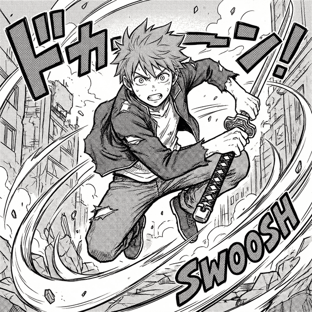 Manga-style illustration, Japanese comic art, detailed linework, expressive character with large eyes, dynamic pose, black and white with screentone shading, professional manga quality