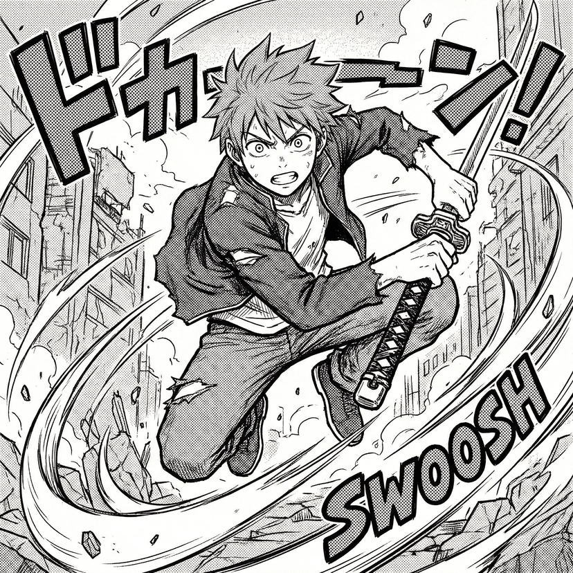 Manga-style illustration, Japanese comic art, detailed linework, expressive character with large eyes, dynamic pose, black and white with screentone shading, professional manga quality